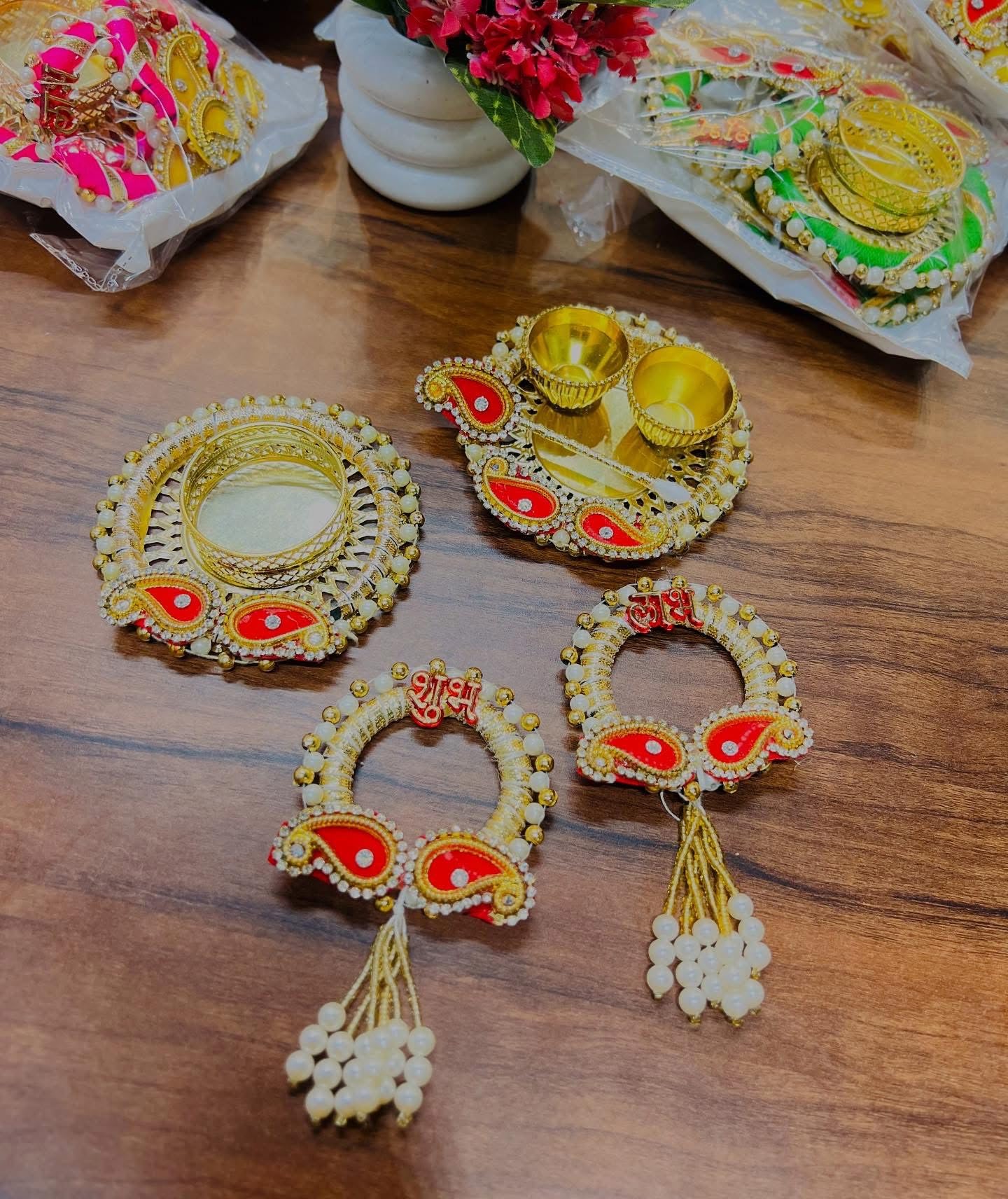 Sellplus Handcrafted Shubh Labh Door Hanging with Decorative Tealight Holder Pearl Work for Diwali Home Temple Festival Entrance Decoration Gift Golden (Tealight-210-3)