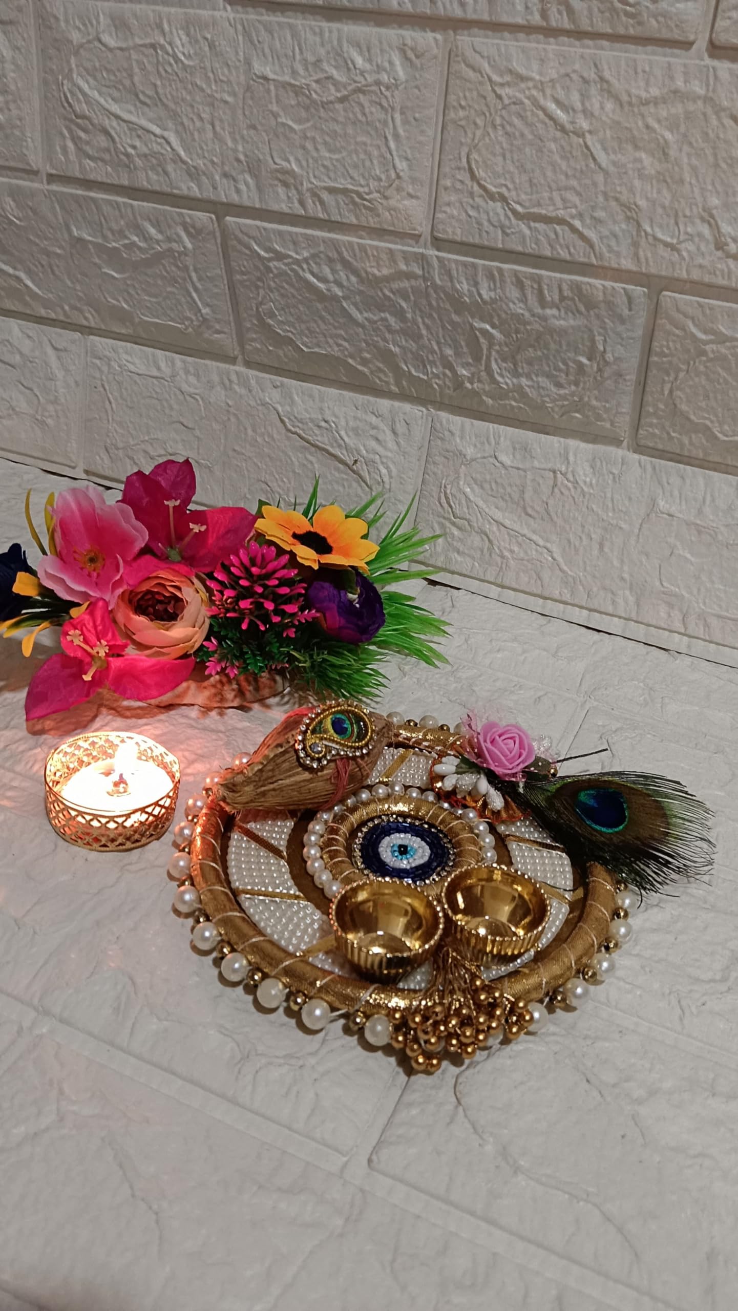Nutts Decorative Traditional Pooja Festival EvilEye Pooja Plate with Tilak Stick  for Daily Worship Temple Home Celebration Spiritual Ritual Use(Pack Of 1) (PoojaP08)