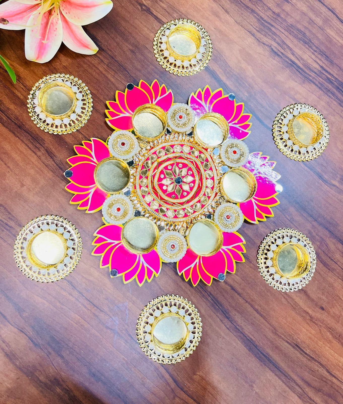 Sellplus Traditional Rangoli Tealight Set Decorative Festival Floor Decor for Diwali Navratri Pooja Wedding Home Entrance Reusable Elegant Design Set of 1 (Rang148)