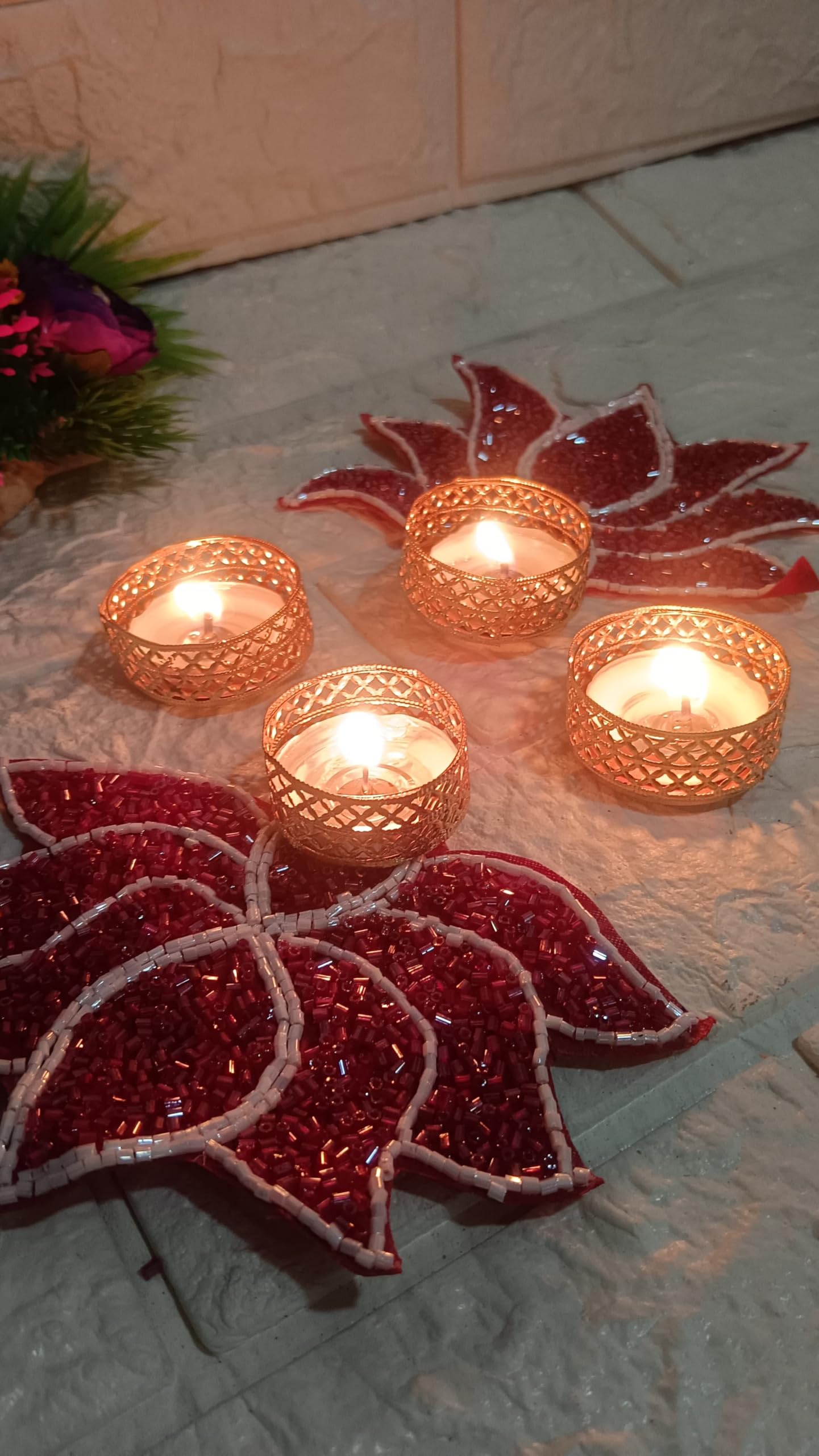 Sellplus Decorative Pink Lotus Patch Tealight Holder | Decoration for Home | Office | Diwali | Pooja | Diwali & All Special Festival Decor (Design 15) (Pack of 2)(Tealight-129-2)