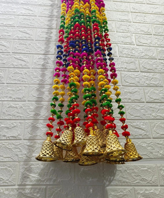 Nutts Handmade Decorative Bell Toran | Traditional Multicolour Pom-Pom Toran for Home Decor | Hanging for Decortion (PMPMT115)
