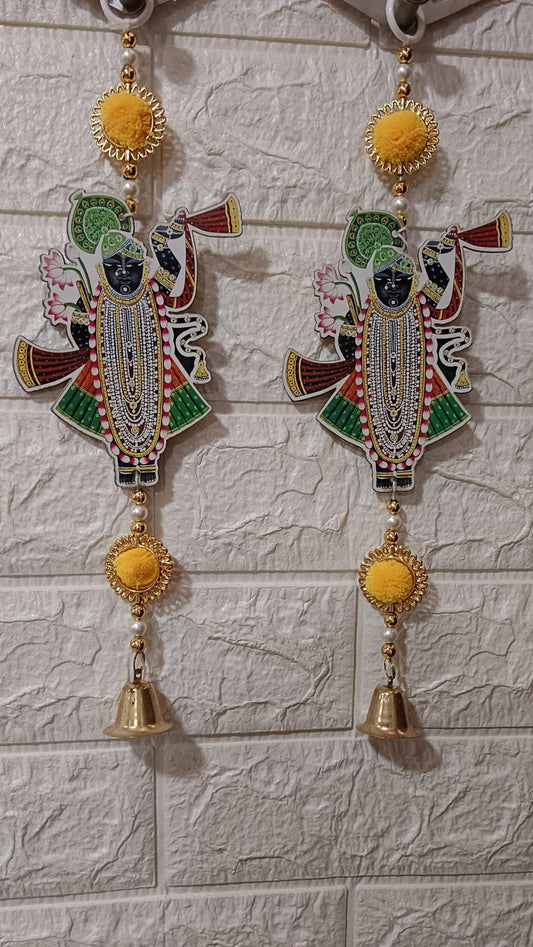 Nutts Decor Shri Nath Ji Door Hanging Toran with Pearl Beads, Golden Bell,Yellow Pom pom Traditional Door Decoration Item for Home on Dewali,Holi, Housewarming and Wedding (Pack of 4)