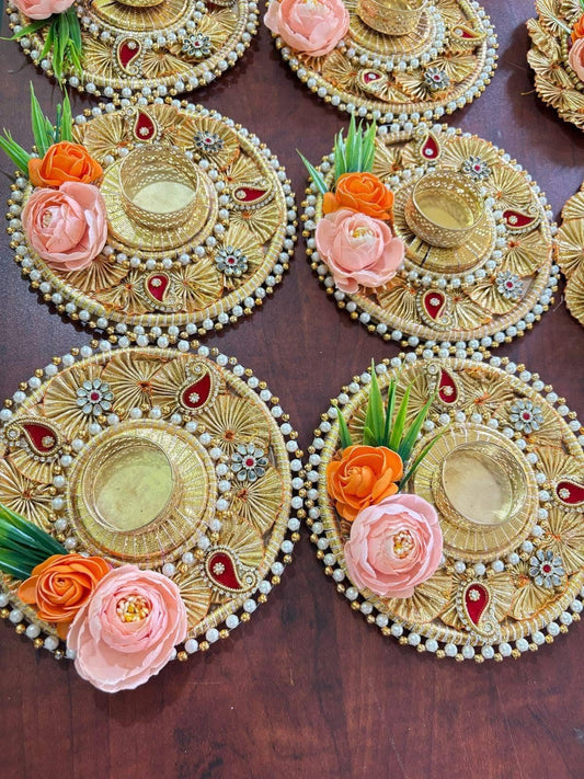 Sellplus Decorative Gota Chakri Booti with Peony Tealight Holder | Decoration for Home | Office | Diwali | Pooja | Diwali & All Special Festival Decor (Tealight-176) (Pack of 1)