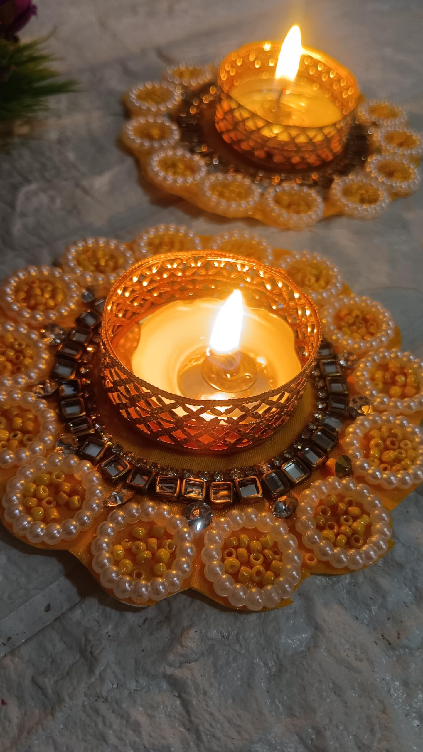 Sellplus Decorative Beads Tealight Holder | Decoration for Home | Office | Diwali | Pooja | Diwali & All Special Festival Decor (Yellow) (Design 22) (Pack of 2)(Tealight-167-2)