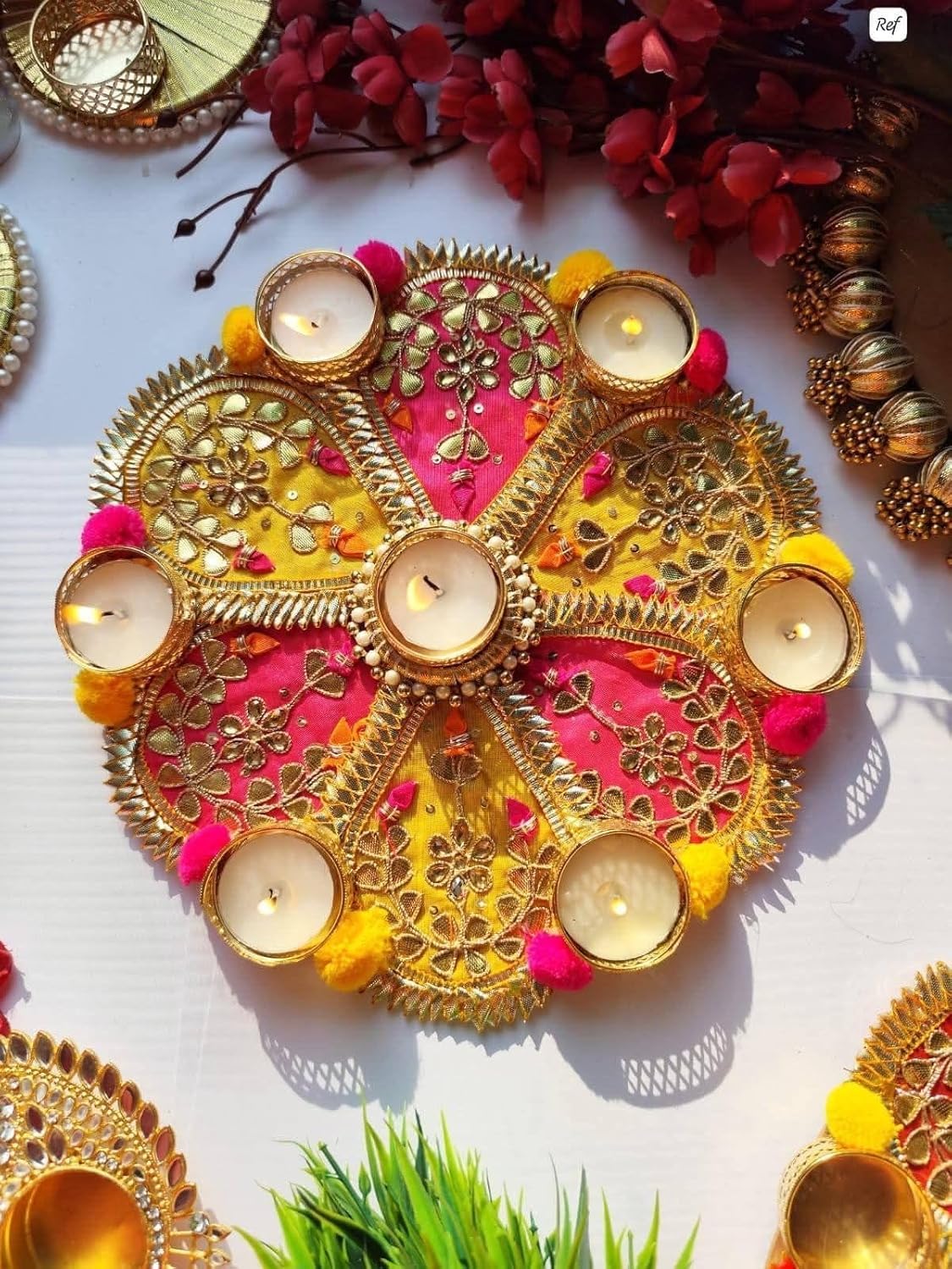 SellPlus Decorative Handmade Multicolour Gotapatti Moti Chudi Rangoli Tlight | Rangoli Tlight for Decoration | Diwali Diya Set (Rang100)