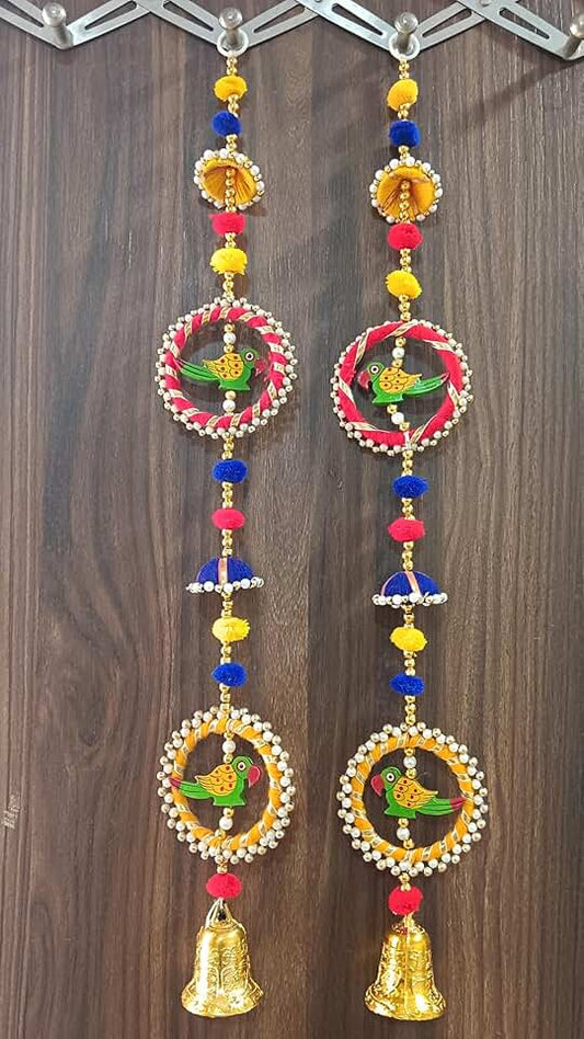 Parrot & Moti Chakri String Golden Bell Hanging Toran Garland Bandhwar Decoration Item for Home Décor Diwali Festival (PMPMT61)