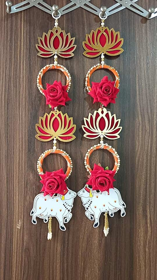 Handmade MDF Lotus & Moti Chudi with Cow Hanging for Home Decoration | Pooja Decor | Diwali Decor | Wedding Decor | Main Door Hanging | & All Festival Decoration (Pack of 2) (SMALL158)