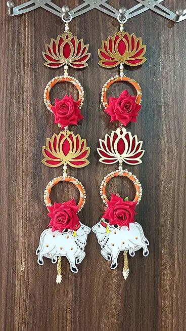 Handmade MDF Lotus & Moti Chudi with Cow Hanging for Home Decoration | Pooja Decor | Diwali Decor | Wedding Decor | Main Door Hanging | & All Festival Decoration (Pack of 2)
