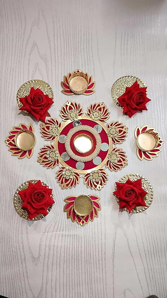 Rangoli Set MDF Lotus Tea Light Holder Home Temple Decorations for Diwali, Dusshera Wedding Pooja Festival All Festival Decoration