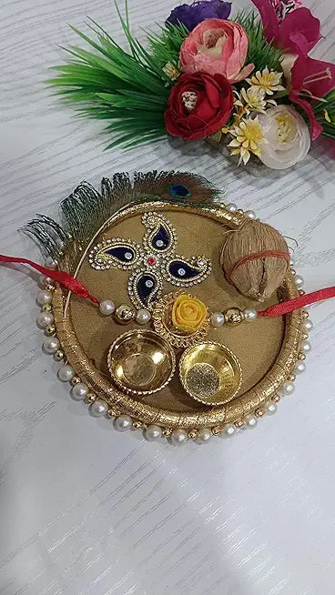 Handmade Designer Rakhi Thali for Raksha Bandhan, for Brothers Sister Bhaiya Bhabhi Puja thali Set Roli Pooja Thali Tilak Stick Rakhi (Mor pankh Rakhi plate)