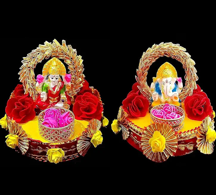Decorative Ganesh Ji & Laxmi Ji Idol on Floral Gota Base Plate with Flowers for Pooja/Car Dashboard/Aarti Thali/Bhog Thali| Diwali/Ganesh Chaturthi Platter for Home Decoration