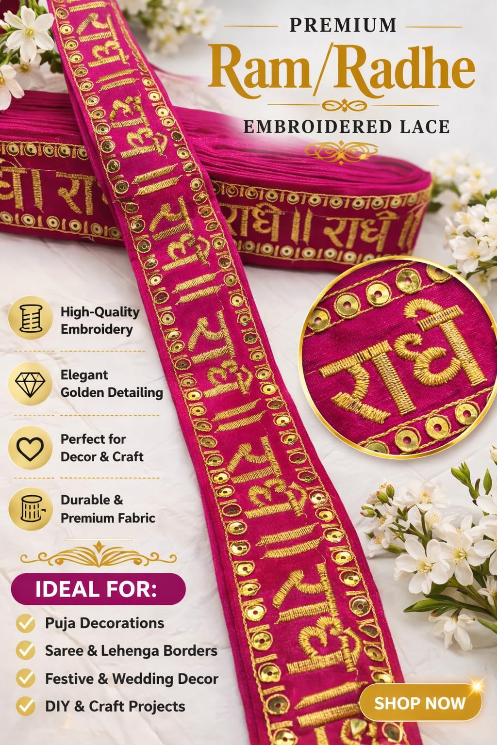 Nutts Decorative Radhe Radhe Lace Border for Dupatta Suits & Saree Lace Trim Ribbon for Sewing Making and DIY Crafts (RM-LACE34)