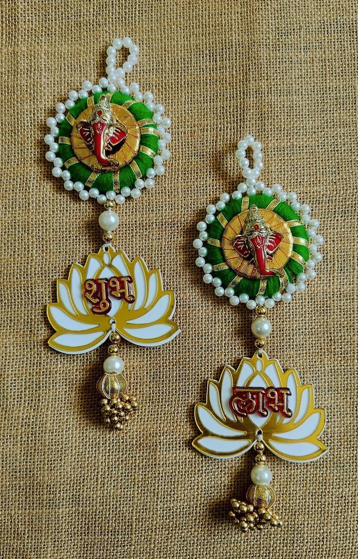 Nutts Handmade Decorative Multicolour Traditional Lotus Ganesh Ji Shubh Labh Bell Beads Hanging for Decoration | Lotus Hanging for Diwali and Festive Decoration (Lotus 145)
