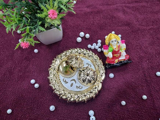 (Combo of 1 Pc Tilak Plater & Laxmi Ji) Round Shape Decorative Traditional Pooja Plater, Sindoor Dibbi for Rakhi Rakshabandhan, Tilak with Kumkum,Haldi Holder Decorative Plater