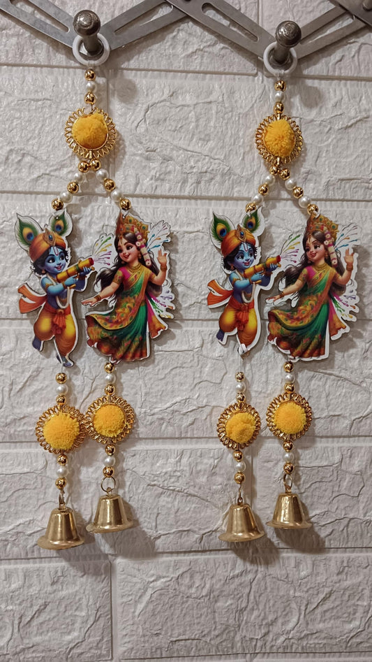 Nutts Decor Radha-Krishna Door Hanging Toran with Pearl Beads, Golden Bell, Yellow Pom pom Traditional Door Decoration Item for Home on Dewali,Holi, Housewarming and Wedding (Pack of 4) (MDF-SH13)