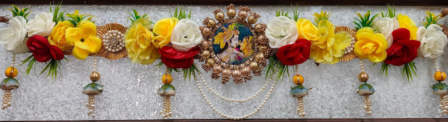 Sellplus Traditional Handmade Divine Artificial Flower Bandhanwar | Decoartive MDF Radha Krishna Florel Beads Bandhanwar for Main Door Entrance and Welcoming Area (Pack of 1) (BDHW469)