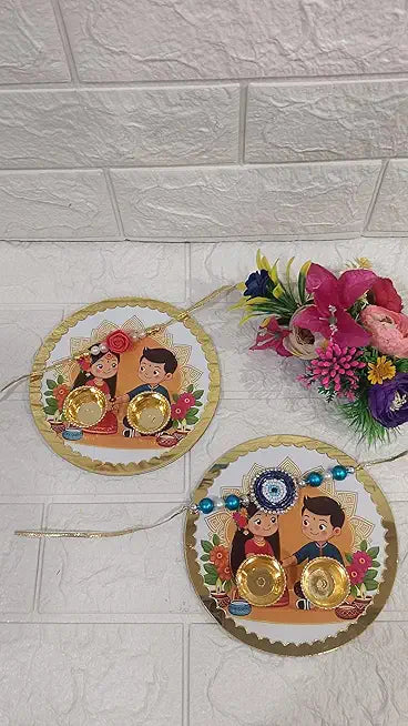 Decorative Raksha Bandhan Thali Set Gold-Plated Holders, with Pearl Beaded Rakhi for Bhaiya-Bhabhi (Design 4)