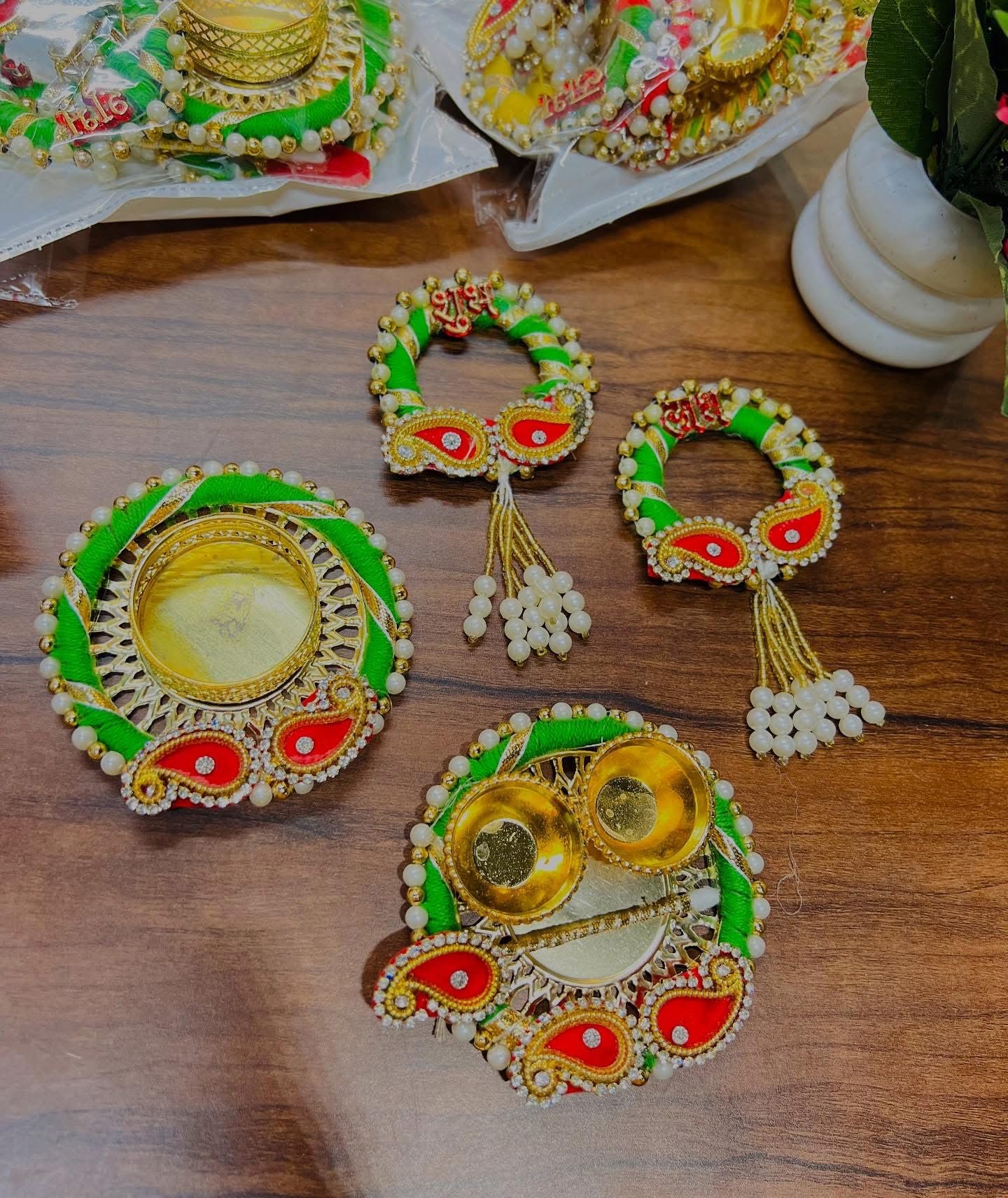 Sellplus Handcrafted Shubh Labh Door Hanging with Decorative Tealight Holder Pearl Work for Diwali Home Temple Festival Entrance Decoration Gift Green (Tealight-210-5)