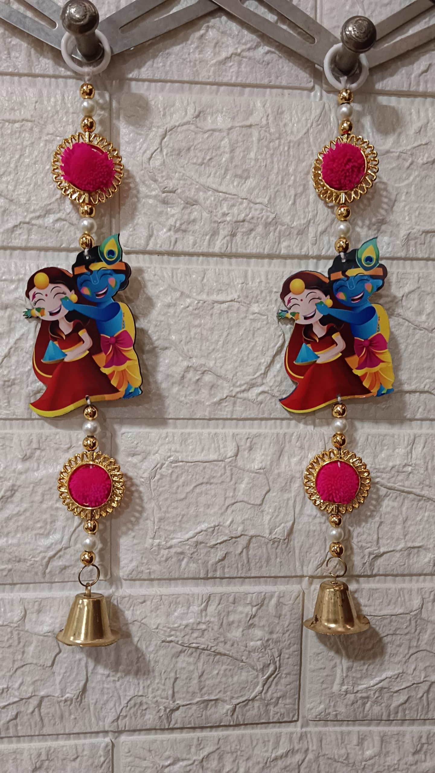 Nutts Decor Radhe-Krishana Door Hanging Toran with Pearl Beads, Golden Bell, Red Pom pom Traditional Door Decoration Item for Home on Dewali,Holi, Housewarming and Wedding (Pack of 4) (MDF-SH14)