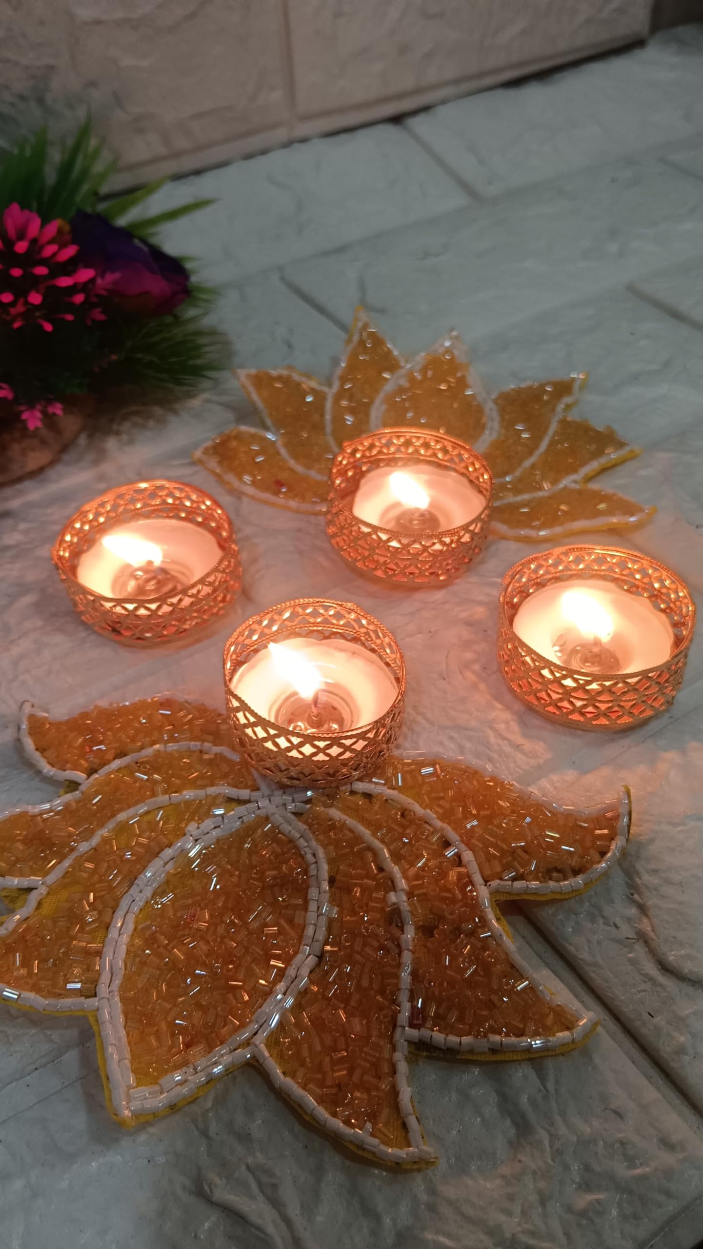 Sellplus Decorative Yellow Lotus Patch Tealight Holder | Decoration for Home | Office | Diwali | Pooja | Diwali & All Special Festival Decor (Desgin 14) (Pack of 2)(Tealight-129-1)