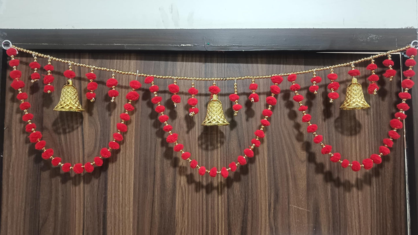 Sellplus Decorative Handcrafted Pom-Pom Beads Bandhanwar | Traditional Jaal Chudi Bell Pom-Pom Multicolour Bandhanwar for Main Door Decoration (Pack of 1) (BDHW506-1 (Red))