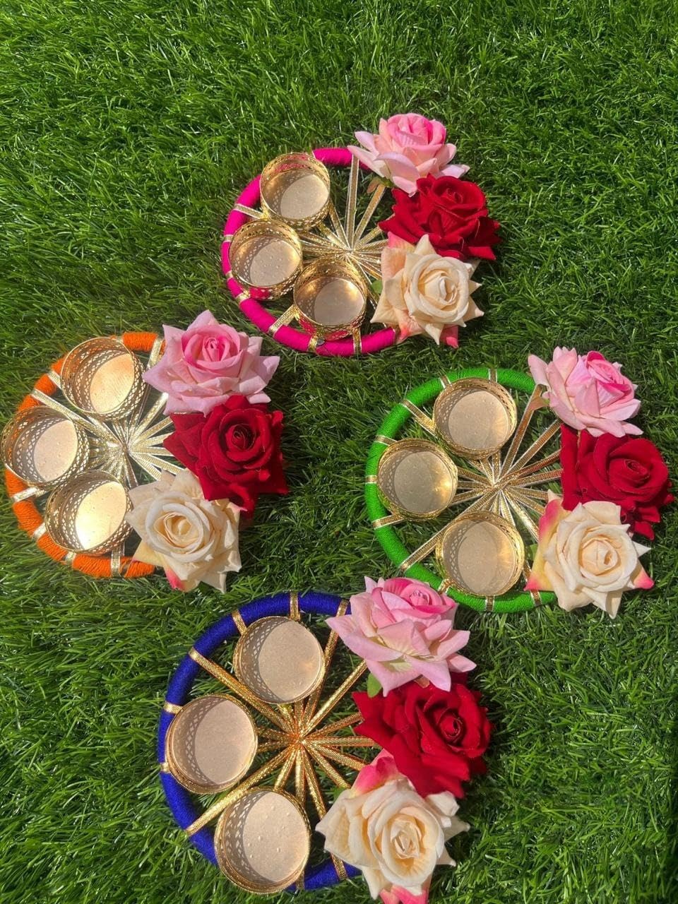 Sellplus Handmade Fabric & Bead Decorative Tealight Holder for Festival Puja Rangoli Decoration with Gold and Pearl (Tealight-345)