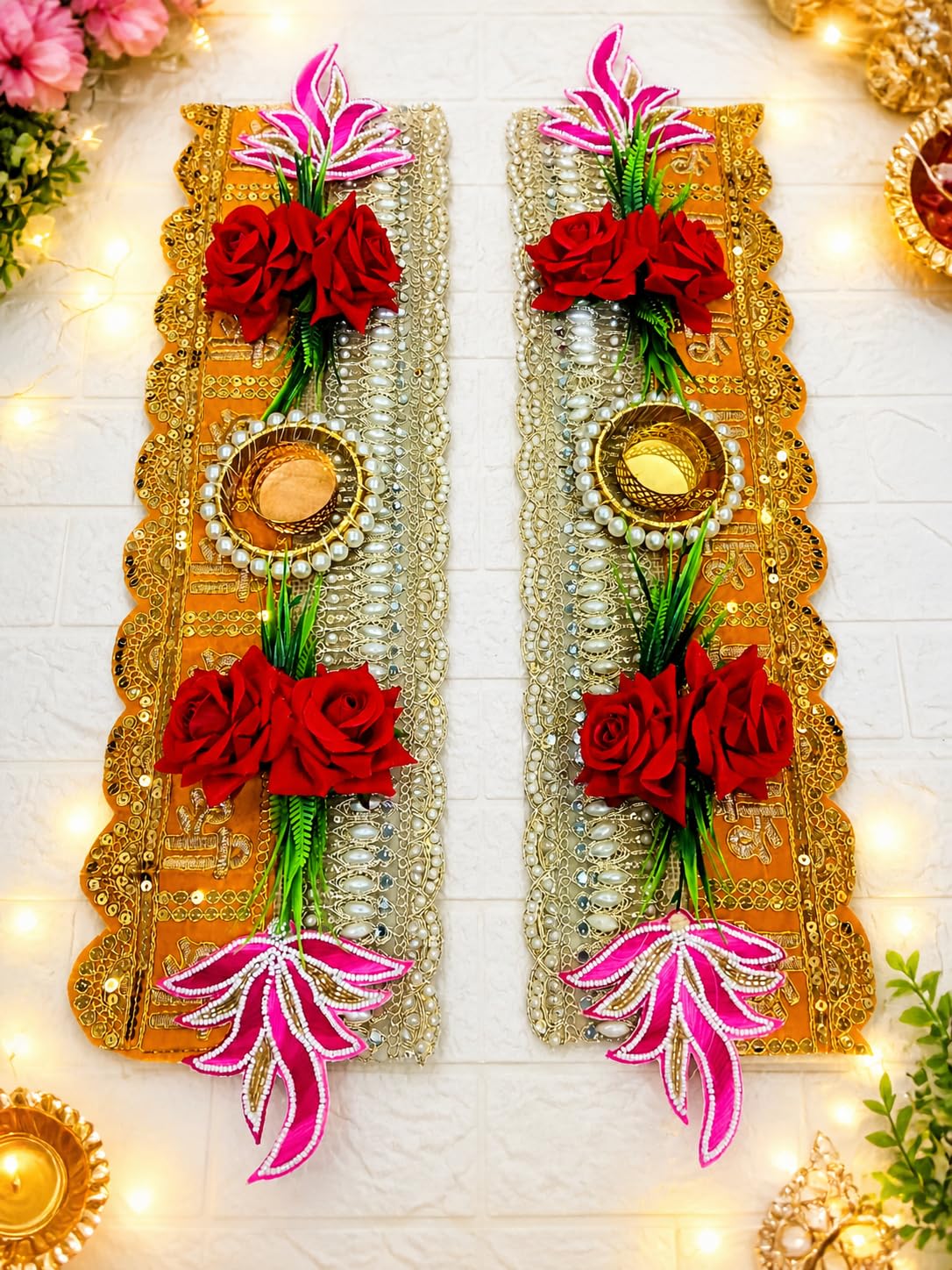 Sellplus Handmade Decorative Floral Tea Light with Pearl Lace Rose Design Traditional Diwali Festival Home Decor for Pooja Room Entrance and Living Room Decoration Pack of 2 (Tealight-221)