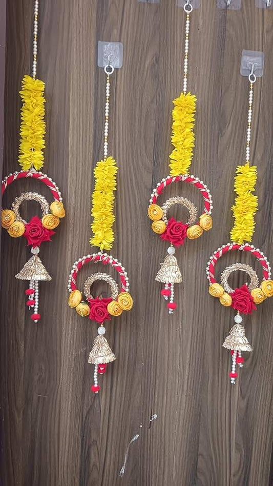 Traditional Shubh Labh Hanging with Paper Gajra & Gota Balls – Perfect for Celebrations | Decorative Shubh labh Hangings | Set of 2, 30 cm Length