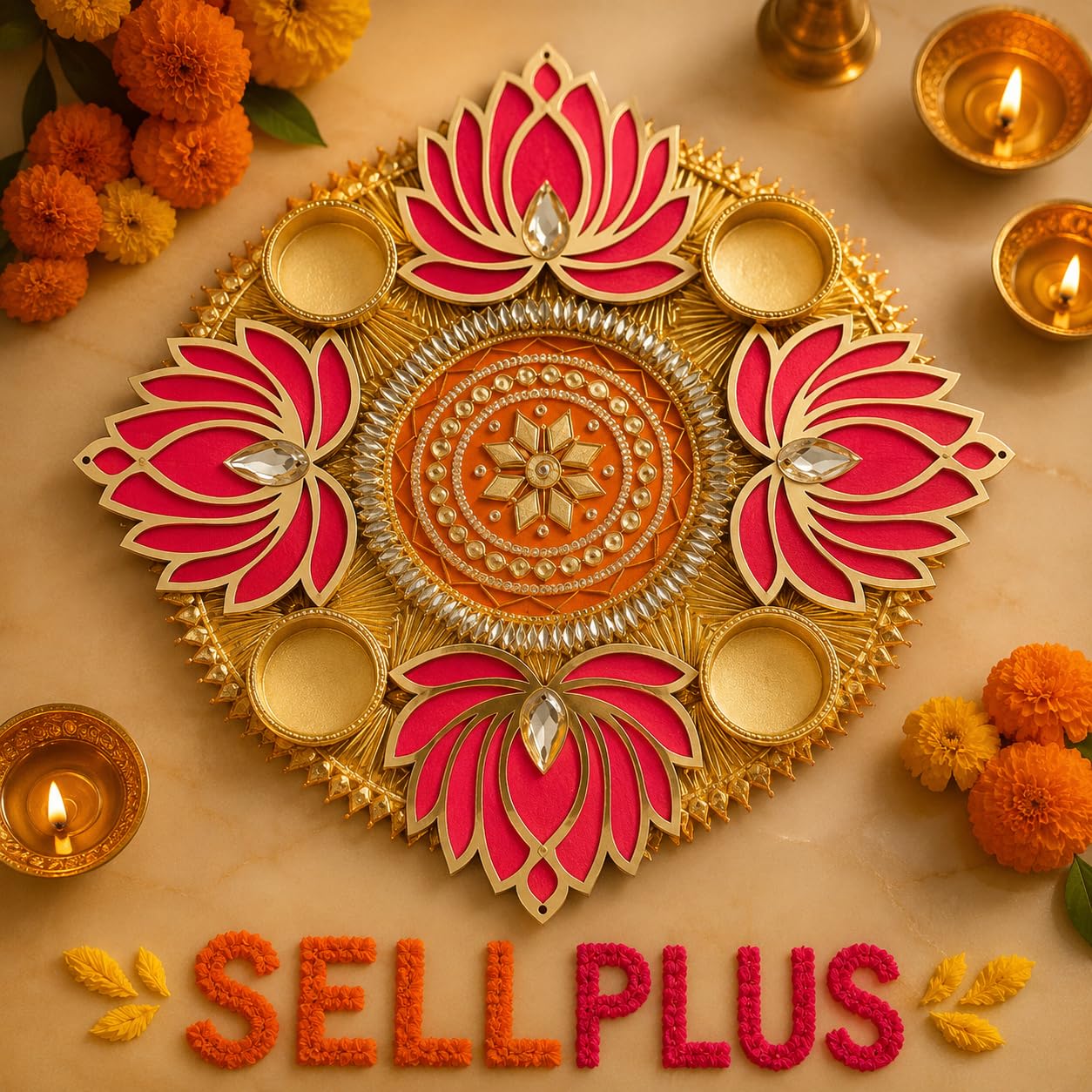 Sellplus Decorative Floral Rangoli Traditional Festival Home Decoration Diwali Pooja Mandir Entrance Reusable Decorative Floor Art Design (Rang89)