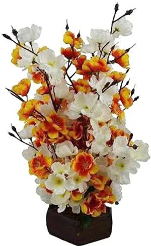 Orange & White Artificial Cherry Blossom Bonsai Plant with Plastic Pot Bonsai Artificial Plant with Pot (Pack of 1)
