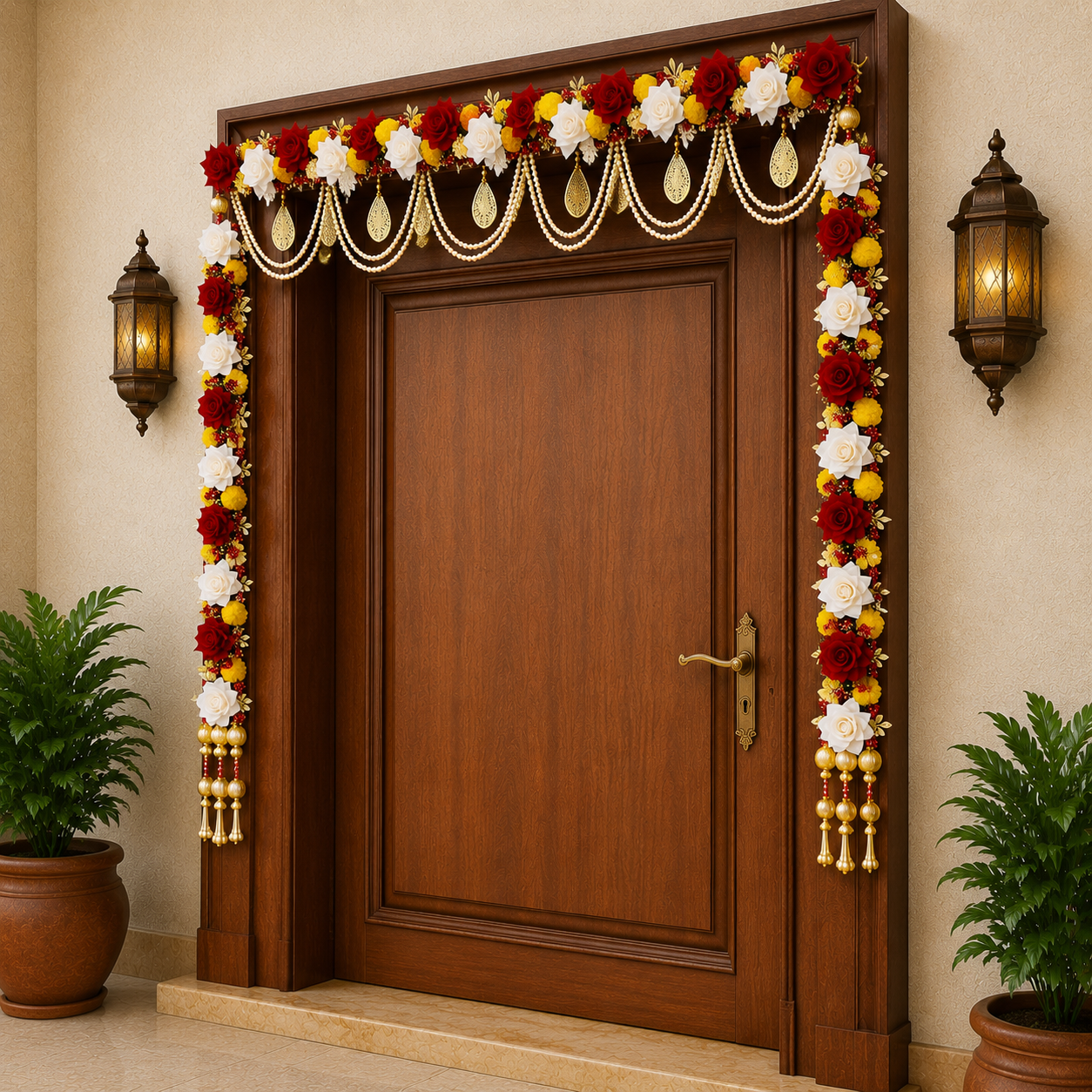 Nutts Decorative Velvet Roses Golden Beads Bandhanwar For Door Festive Decor Diwali Decor
