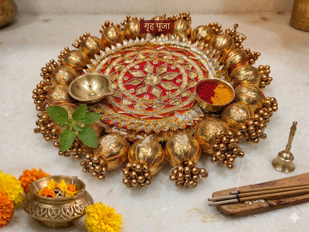 Nutts Decorative Traditional Pooja Thali Elegant Festival Prayer Plate for Home Temple Daily Worship Religious Rituals Festive Decoration (PoojaP03-2)