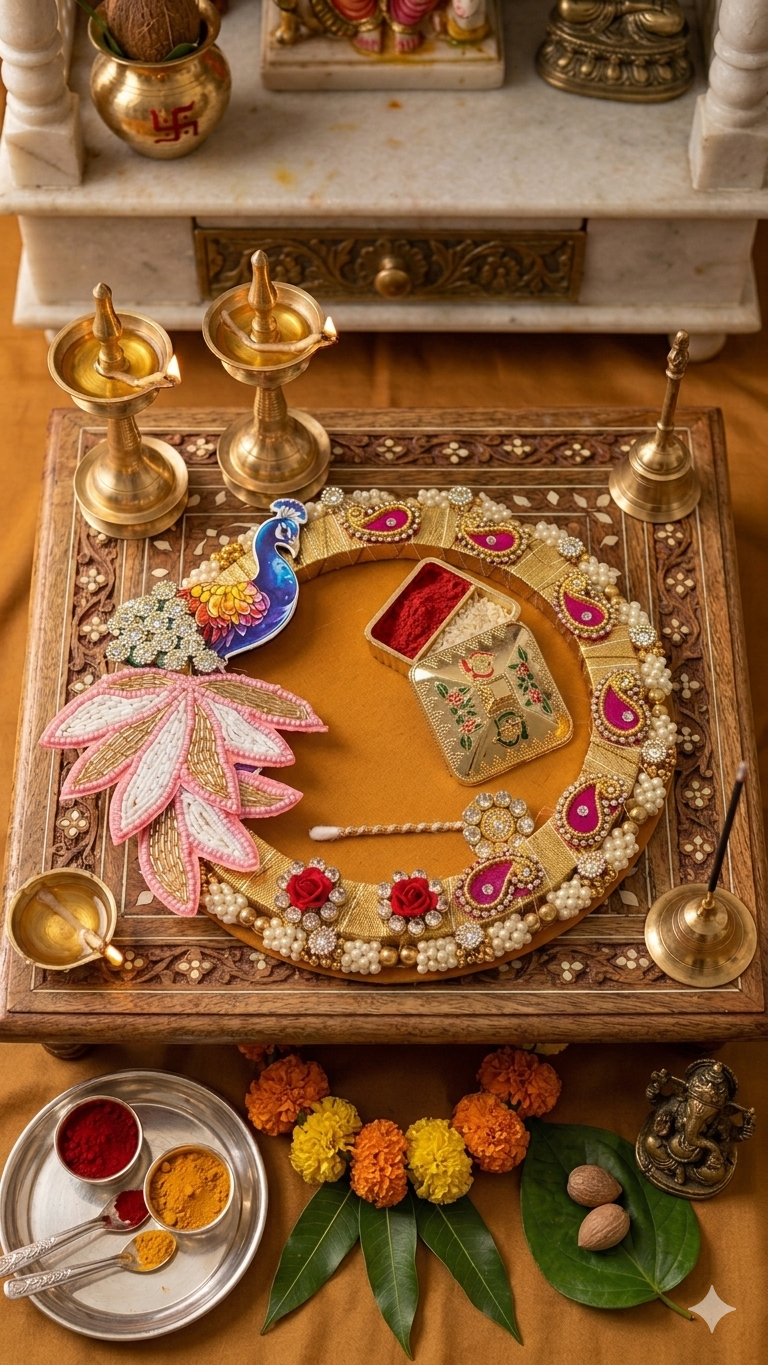 Nutts Decorative Traditional Peacock Pooja Thali for Daily Worship Temple Home Spiritual Ritual Use(Pack Of 1) (PoojaP10)