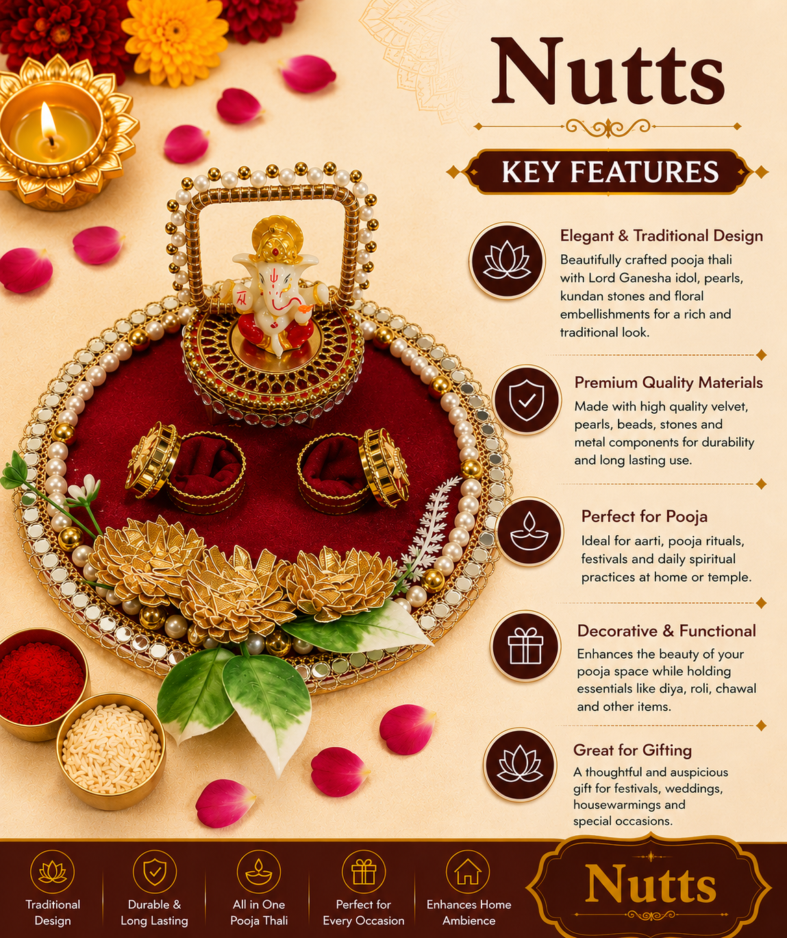 Nutts Decorative Traditional Ganesh Ji  Pooja Thali  with Elegant Design for Worship Temple Home Spiritual Ritual Use(Pack Of 1) (PoojaP11)