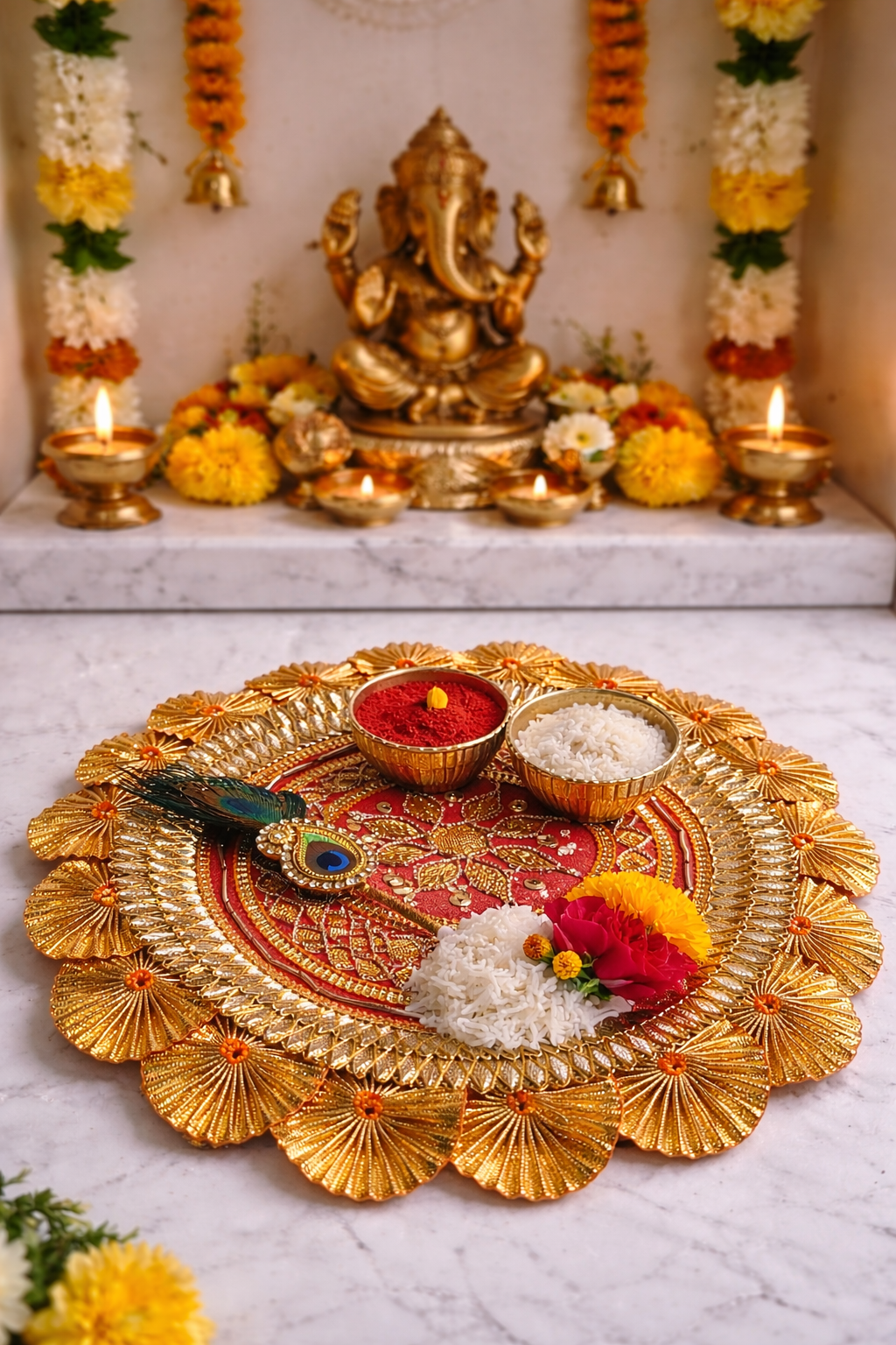 Nutts Handmade Decorative Kumkum Chawal with Morpankh Tilak Stick Platter | Roli Chawal Holder for Temple/Rakhi/Welcome Plate/Return Gift/Wedding/Home Pooja Plate (PoojaP2-2)