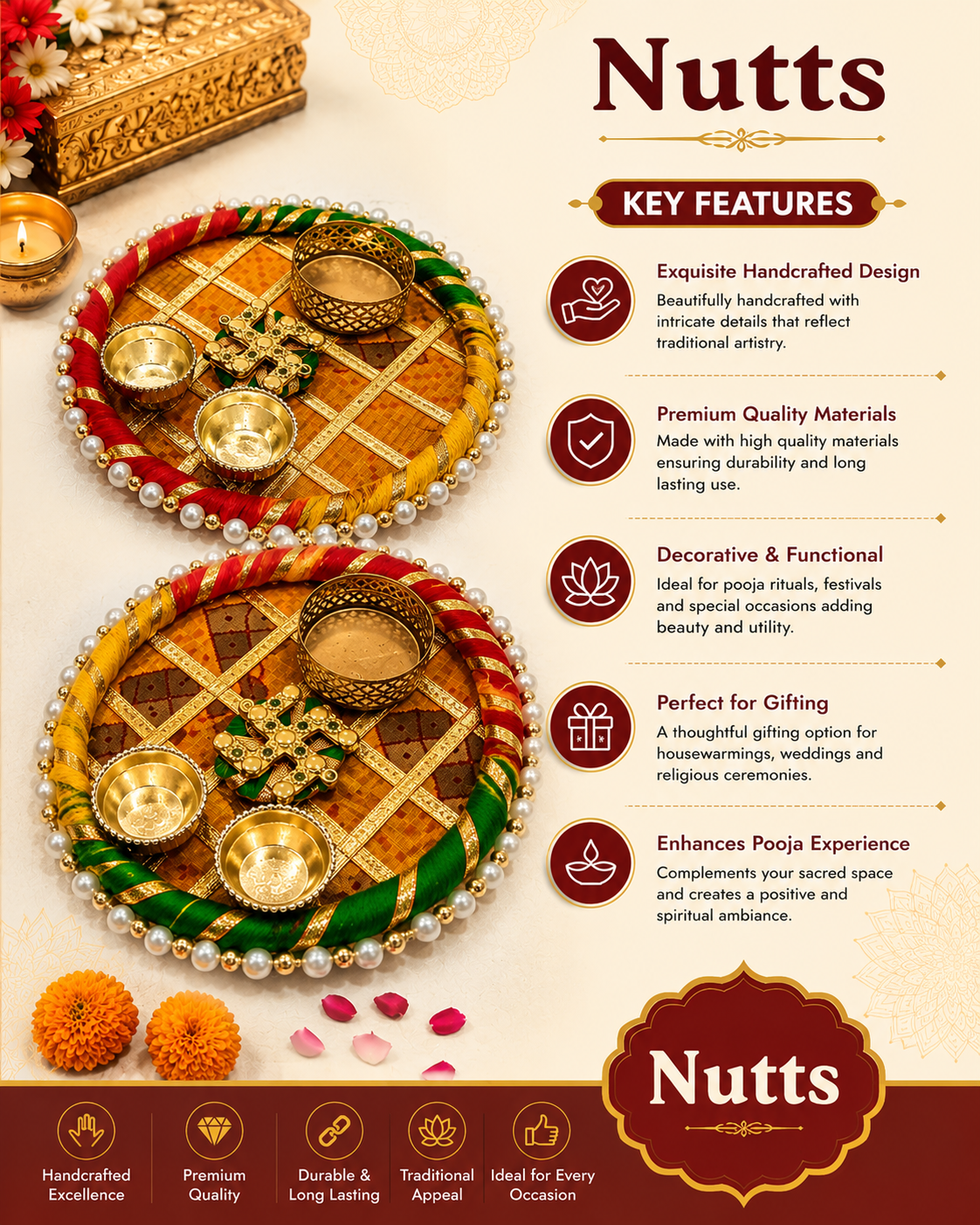 Nutts Decorative Traditional Pooja Festival Prayer with Elegant Design for Daily Worship Temple Home Celebration Spiritual Ritual Use(Pack Of 1) (PoojaP05)