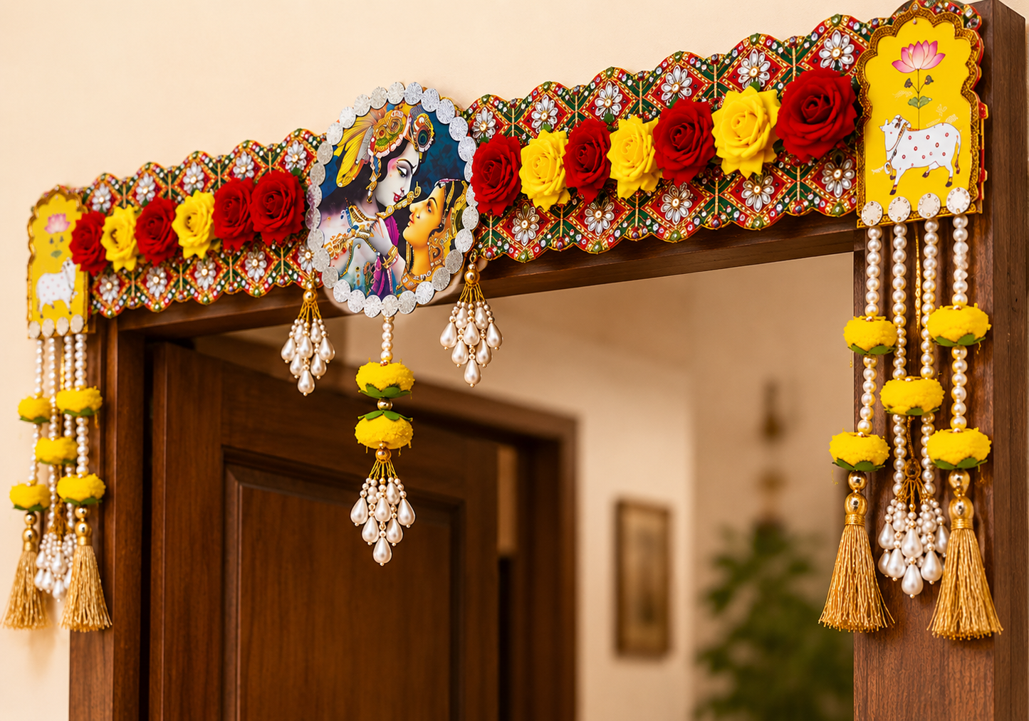 Nutts Decorative Radha Krishan MDF Cow Peony Flower Bandhanwar For Home Decoration Festival Decor