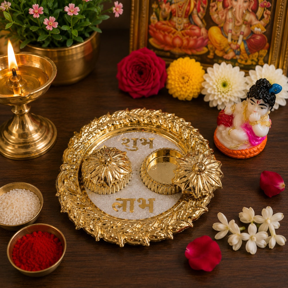 Nutts Decorative Pooja Thali Haldi Kumkum Chandan Holder Plate Gifts With Small Lord Set for Home & Office Decoration & Gifting (Krishana Ji Round) (PoojaP16)