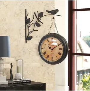 Metal Vintage Double Side Hanging Bird Wall Clock 8 inch (Bird Color)