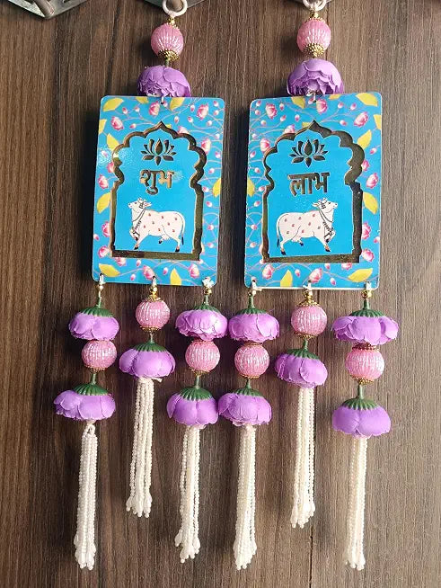 Nutts Traditional Shubh Labh Wall Hanging with Cow Design Decorative | Home and Pooja Room Door Decor with Peony Flower Beads Tassels Decorations Hanging Pack of 2 (SMALL112)