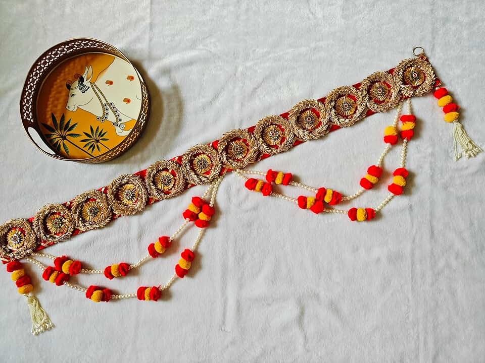 Pom Pom & Gota Chudi, White Beads Bandhanwar/Garlands Handmade Door Entrance Hanging Home Traditional/Wall Decoration Diwali| Artificial Flower(BDHW472)