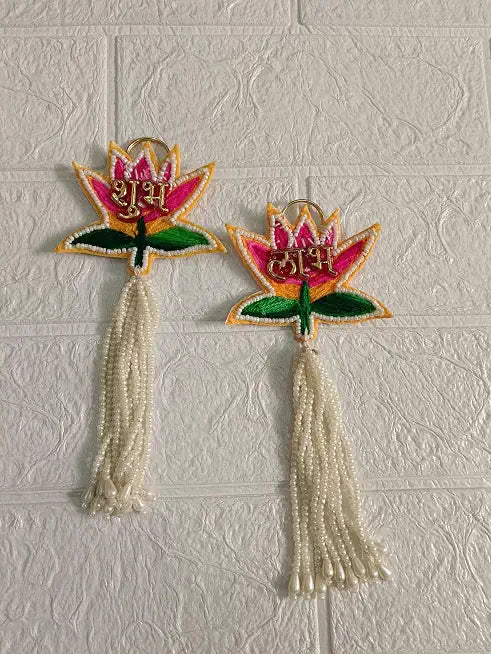 Handmade Lotus Shubh Labh with Moti Guccha Latkan Hanging | Toran for Main Door | Traditional Bandhanwar for Home Door| Diwali Decor Hangings & All Festivals (1 Pair)