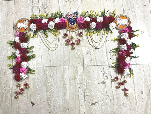 Sellplus Traditional Handmade Divine Artificial Flower Bandhanwar | Decoartive MDF Radha Krishna and Ganesh Ji Florel Beads Bandhanwar for Main Door Entrance and Welcoming Area (Pack of 1) (BDHW479)