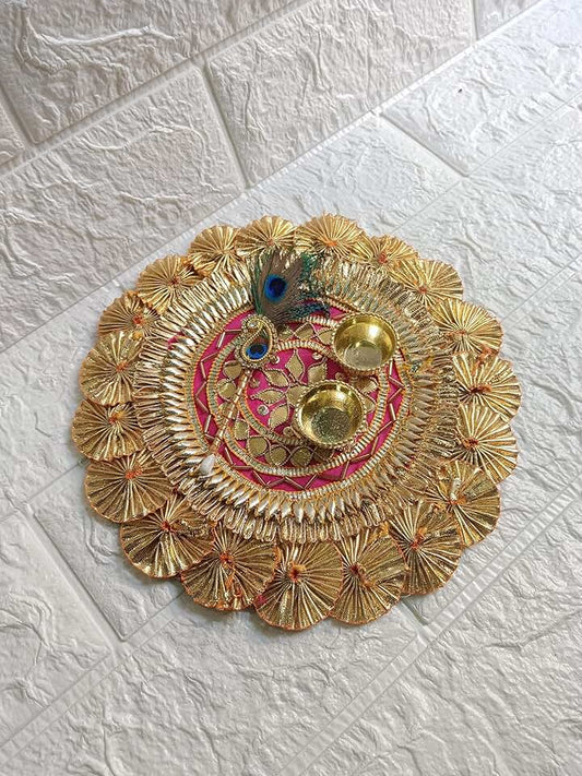 Handmade Decorative Kumkum Chawal with Morpankh Tilak Stick Platter | Roli Chawal Holder for Temple/Rakhi/Welcome Plate/Return Gift/Wedding/Home Pooja Plate
