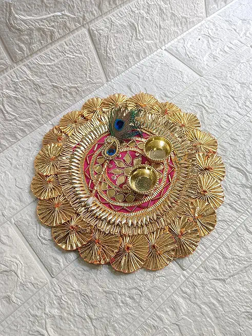 Handmade Decorative Kumkum Chawal with Morpankh Tilak Stick Platter | Roli Chawal Holder for Temple/Rakhi/Welcome Plate/Return Gift/Wedding/Home Pooja Plate