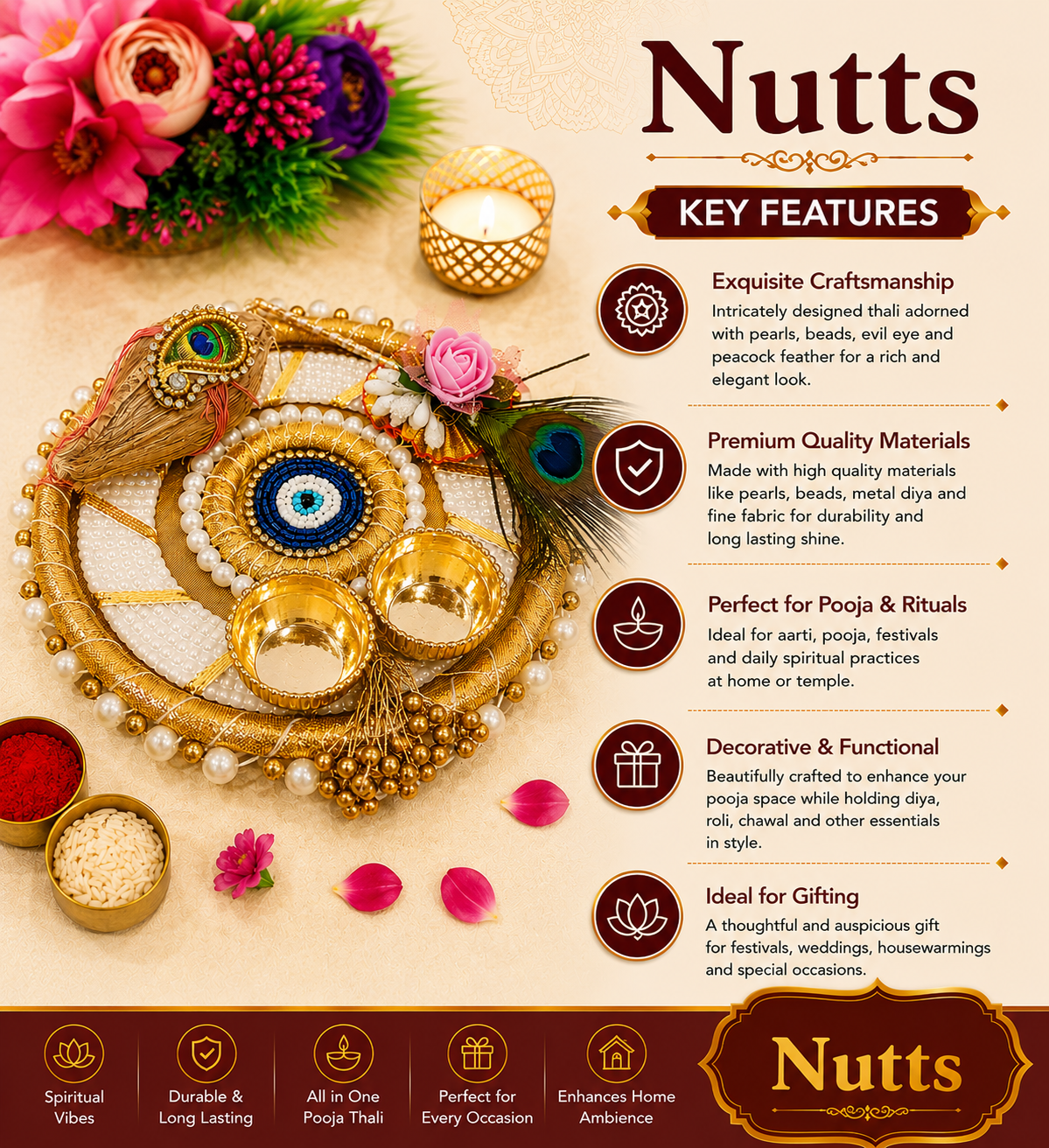 Nutts Decorative Traditional Pooja Festival EvilEye Pooja Plate with Tilak Stick  for Daily Worship Temple Home Celebration Spiritual Ritual Use(Pack Of 1) (PoojaP08)