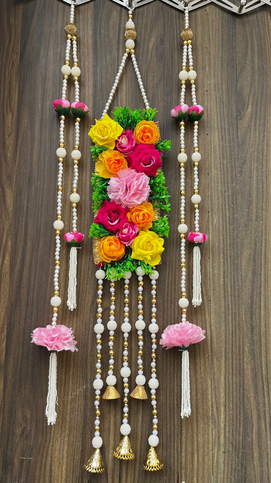 Nutts Handmade Artificial Flower & Beads Wall Hanging Toran | Home Decor Pooja Room Door Hanging Decorative Floral Latkan with Tassel Set of 1 (SMALL101)