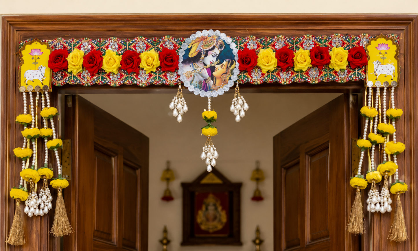 Nutts Decorative Radha Krishan MDF Cow Peony Flower Bandhanwar For Home Decoration Festival Decor