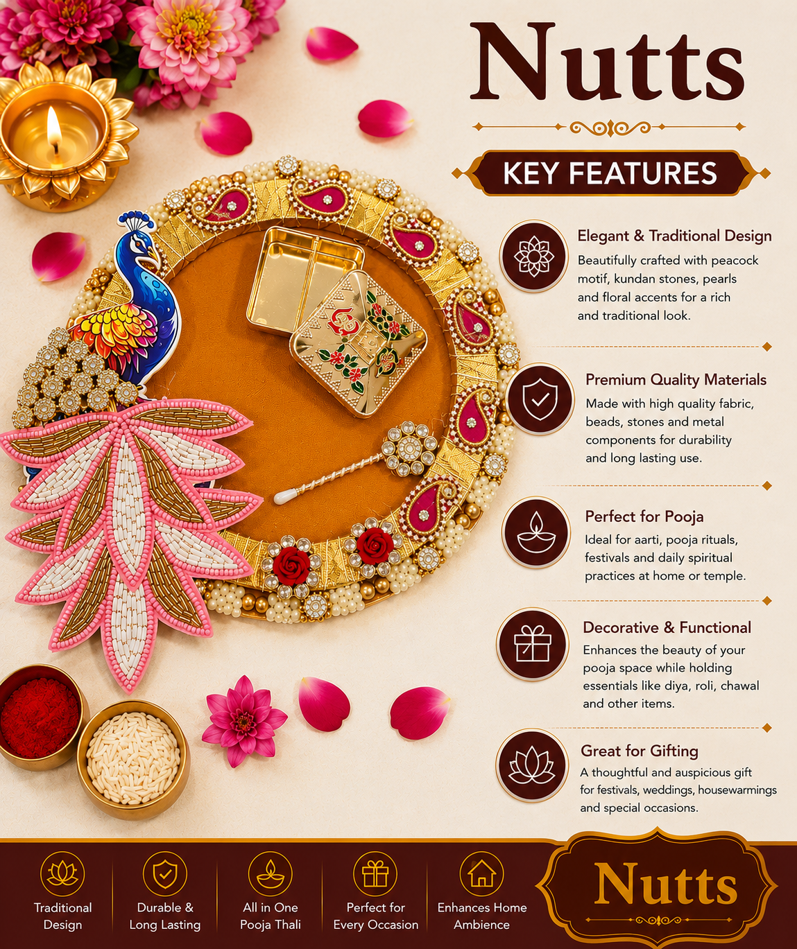 Nutts Decorative Traditional Peacock Pooja Thali for Daily Worship Temple Home Spiritual Ritual Use(Pack Of 1) (PoojaP10)