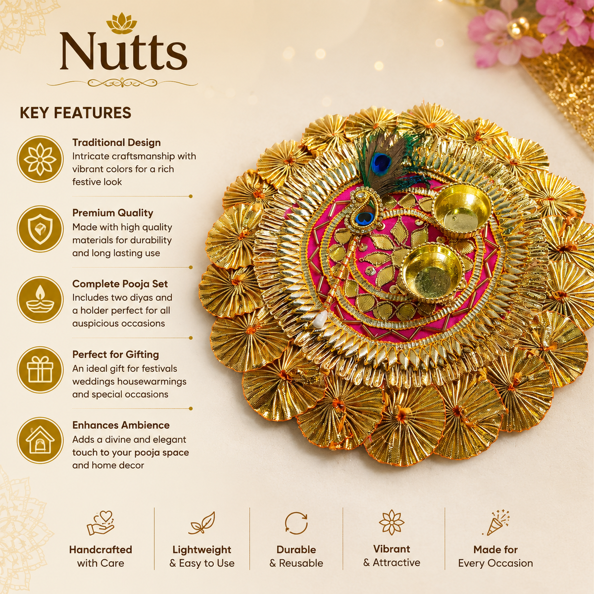 Nutts Handmade Decorative Kumkum Chawal with Morpankh Tilak Stick Platter | Roli Chawal Holder for Temple/Rakhi/Welcome Plate/Return Gift/Wedding/Home Pooja Plate (PoojaP2-2)